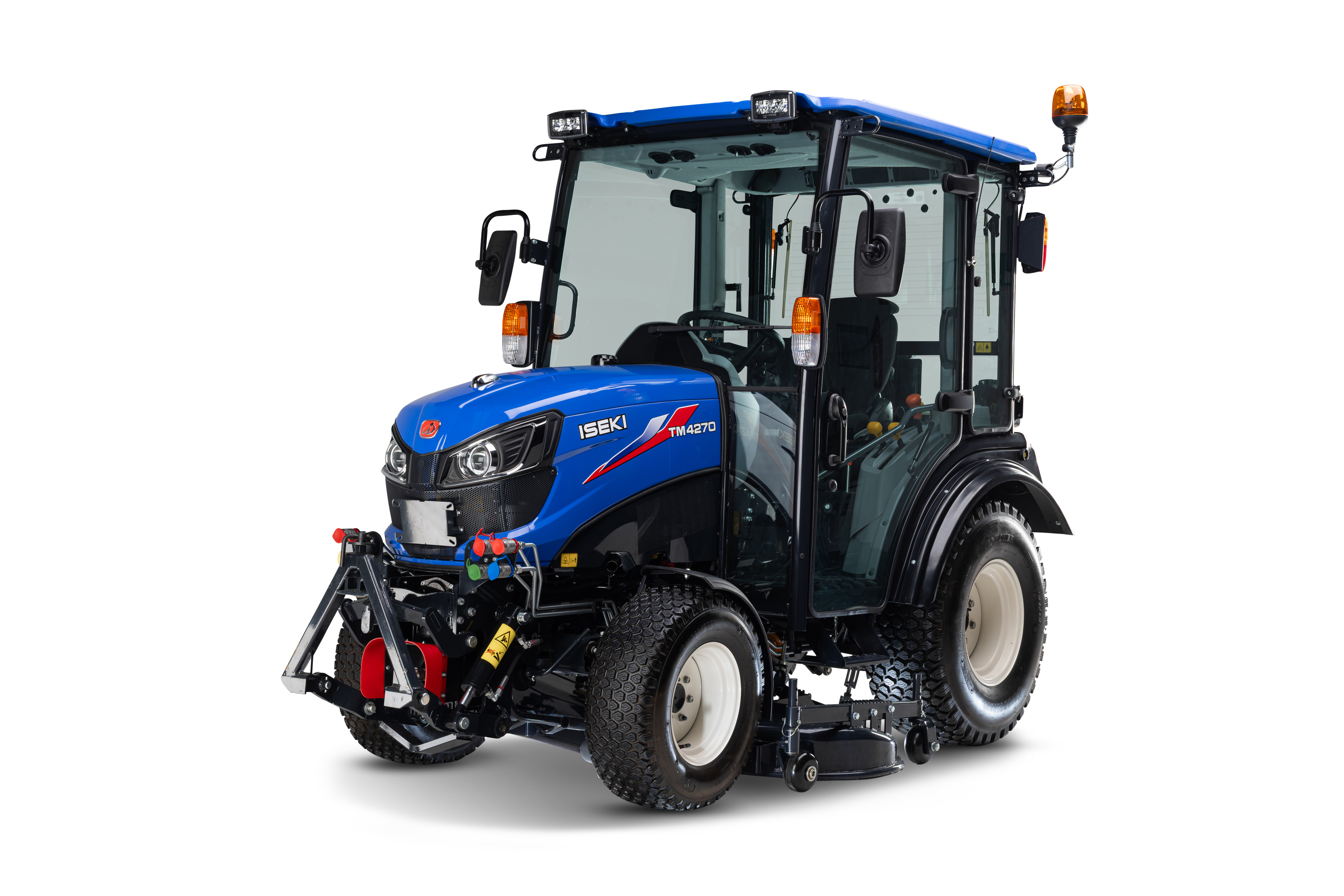 Blauwe iseki mini tractor met cabine